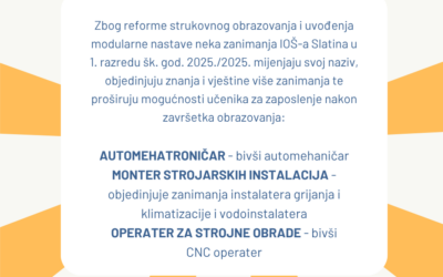 NOVA ZANIMANJA U INDUSTRIJSKO-OBRTNIČKOJ ŠKOLI SLATINA U 1. RAZREDU ŠK. GOD. 2025./2026.