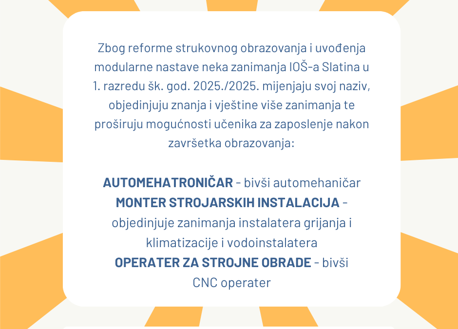 NOVA ZANIMANJA U INDUSTRIJSKO-OBRTNIČKOJ ŠKOLI SLATINA U 1. RAZREDU ŠK. GOD. 2025./2026.