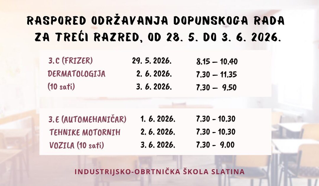 RASPORED ODRŽAVANJA DOPUNSKOGA RADA ZA 3. RAZRED (Dermatologija, Tehnike motornih vozila)