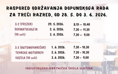 RASPORED ODRŽAVANJA DOPUNSKOGA RADA ZA 3. RAZRED (Dermatologija, Tehnike motornih vozila)