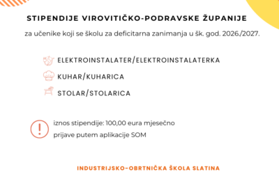 JAVNI NATJEČAJ ZA DODJELU STIPENDIJE VIROVITIČKO-PODRAVSKE ŽUPANIJE – zanimanja elektroinstalater, kuhar, stolar